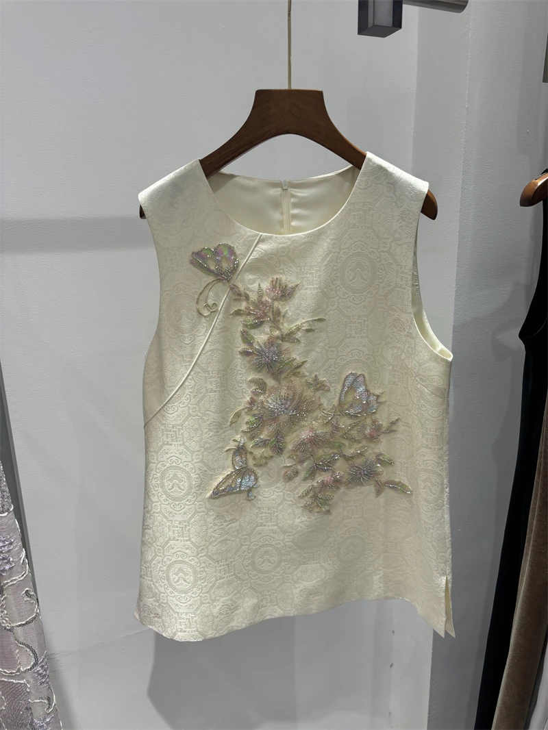 重工手工钉珠真丝马甲
