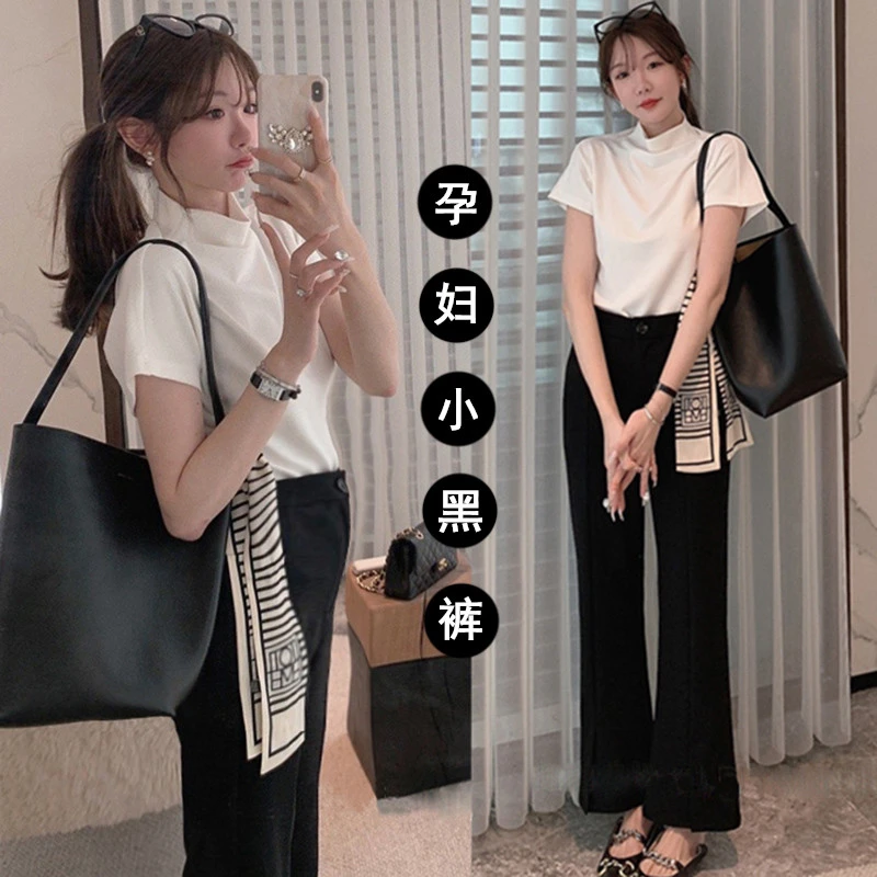 2025春夏季新款无托腹开叉韩版孕妇小黑裤薄款显瘦外穿微喇西装裤