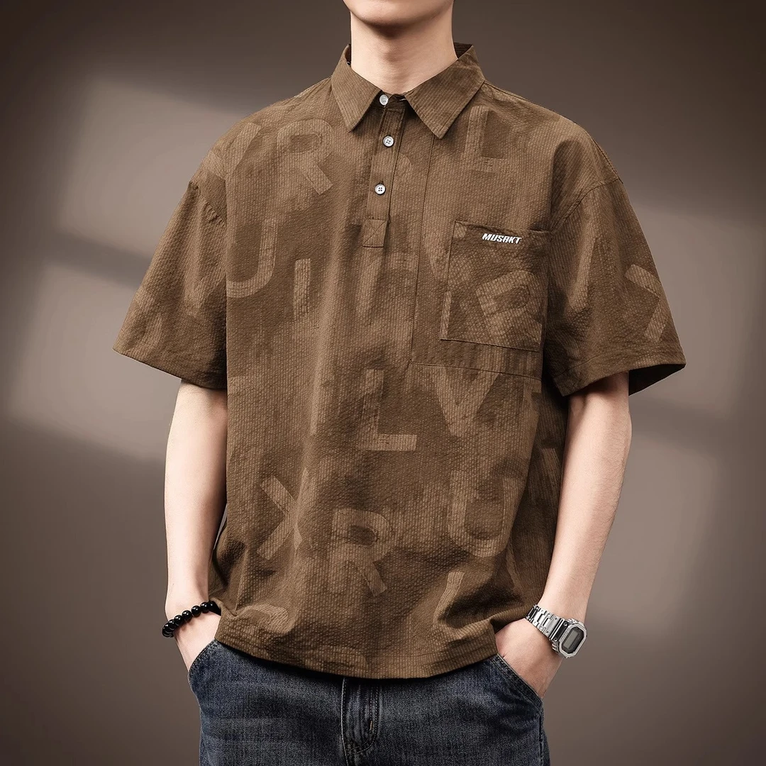 高端美式复古泡泡肌理感Polo衫男夏季薄款宽松短袖印花速干体恤男