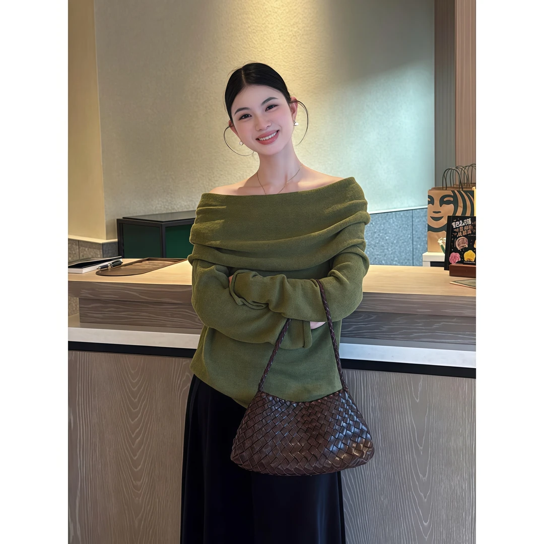 韩系辣妹一字领露肩针织衫女秋季新款时尚纯欲性感显身材内搭上衣