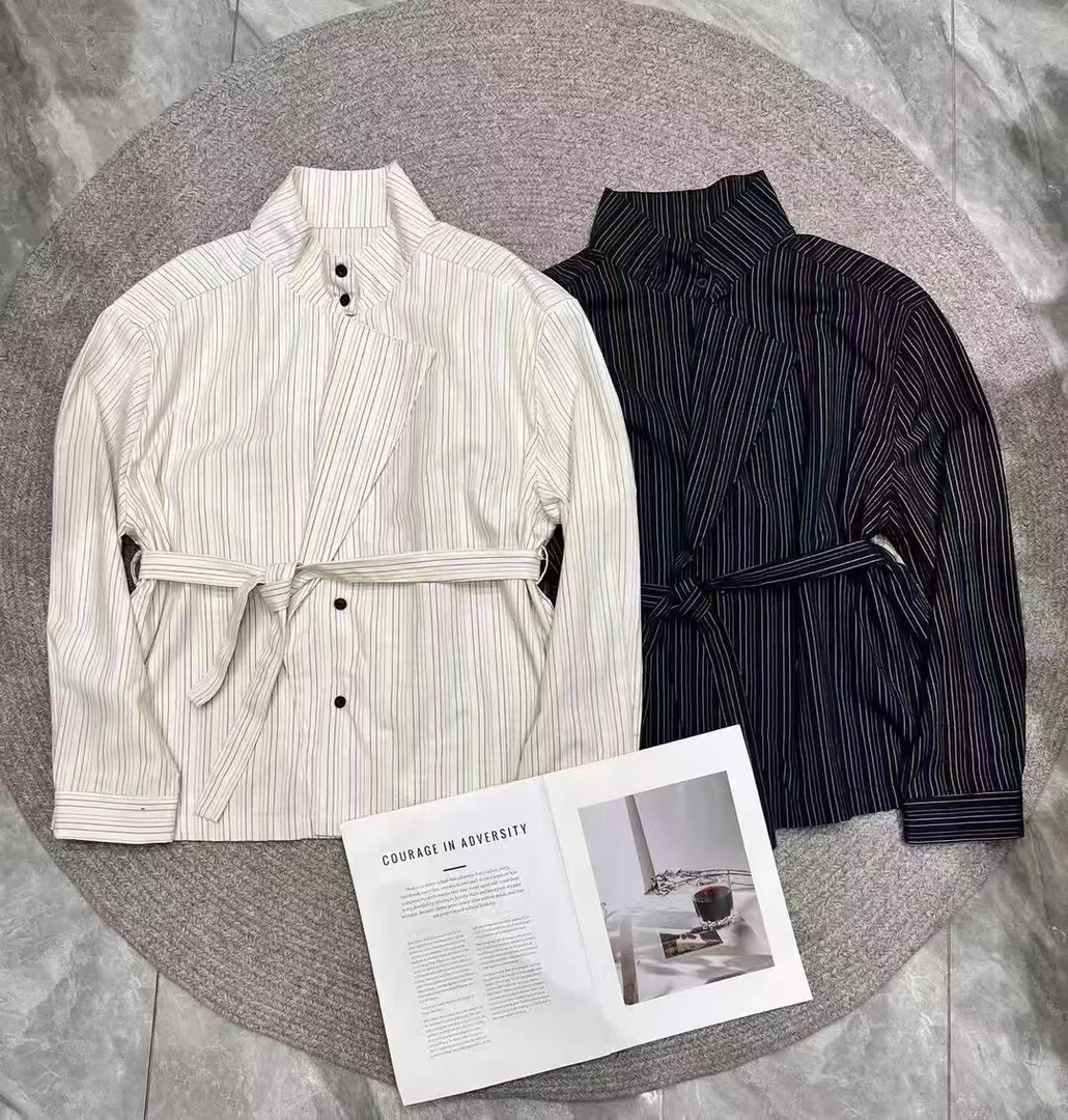 花家/设计款 定染竖条纹纽扣早秋通勤气质长袖系带带腰身衬衣外套