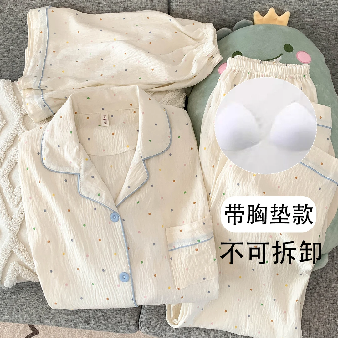 【链接有胸垫版可选】日系简约波点睡衣女短袖短裤夏季透气家居服