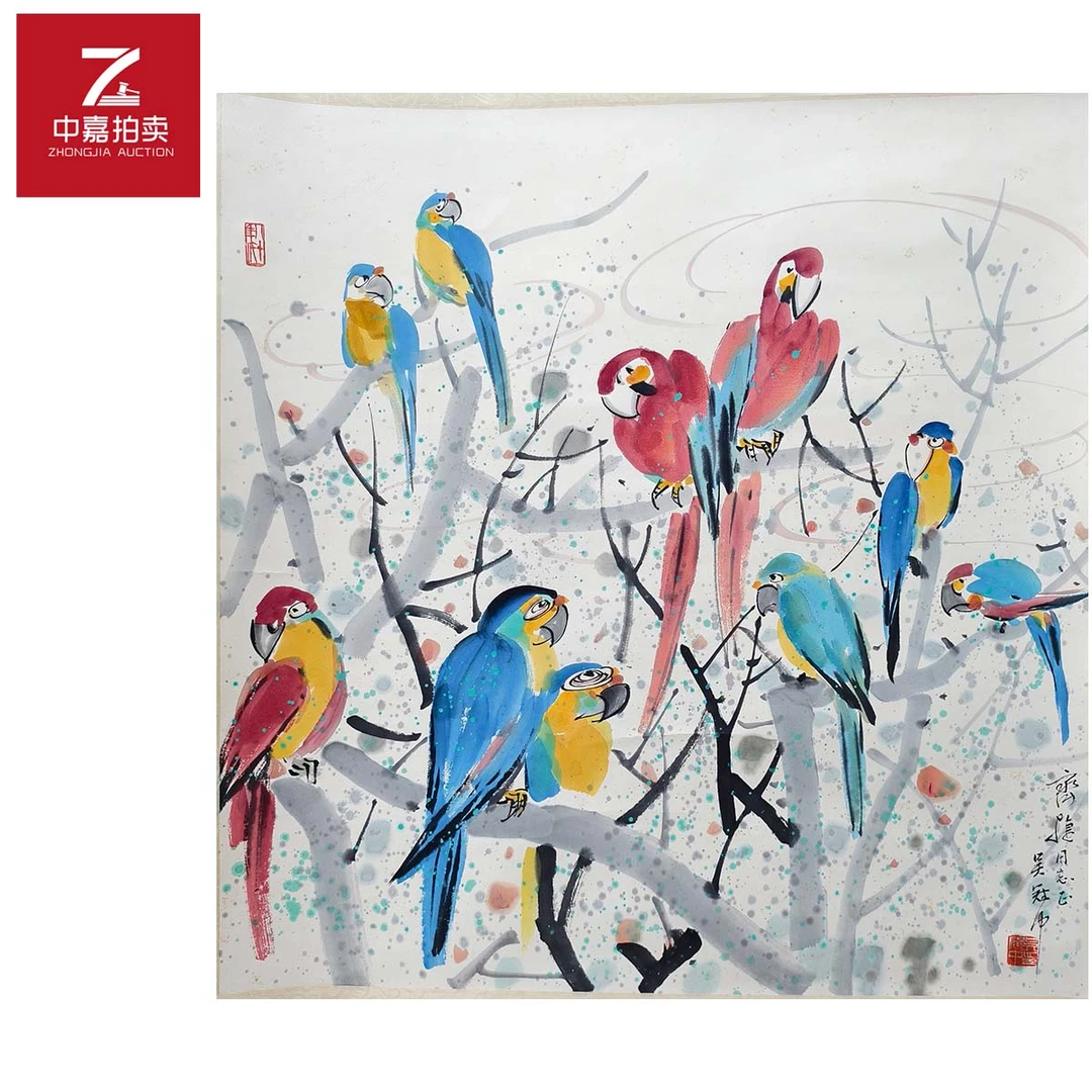 1-W0005wgz绘画立轴鹦鹉67x66