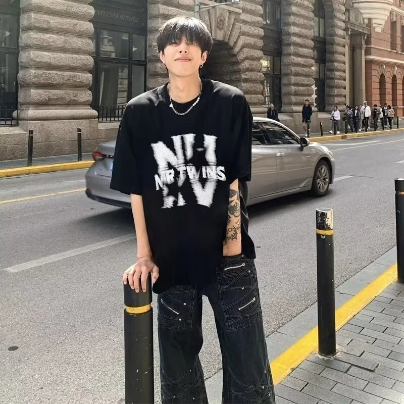 100%纯棉国潮牌美式高街oversize正肩短袖t恤男夏季慵懒小众上衣