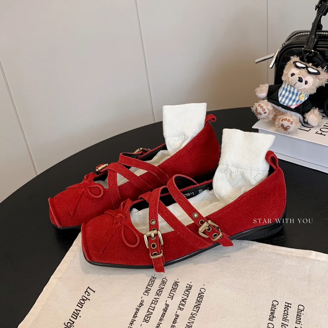 【STAR】蝴蝶结法式复古时尚百搭方头交叉带气质晚风4CM