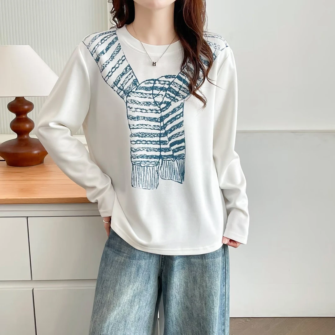 2025大码印花烫印防晒常规防静电长袖T恤圆领秋季长款设计感