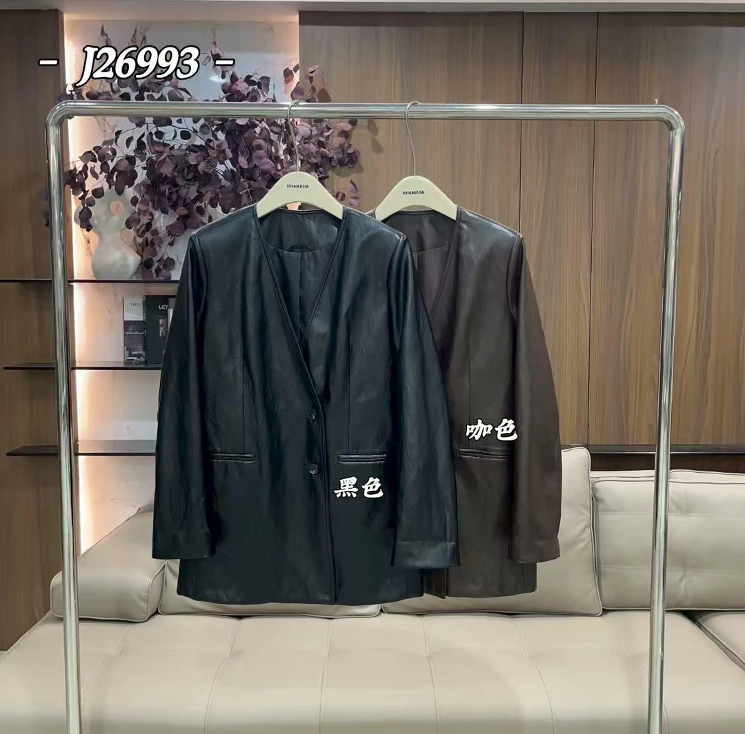 杨杨 集简-J26993【无领皮西装】质感拉满港风复古v领皮西装