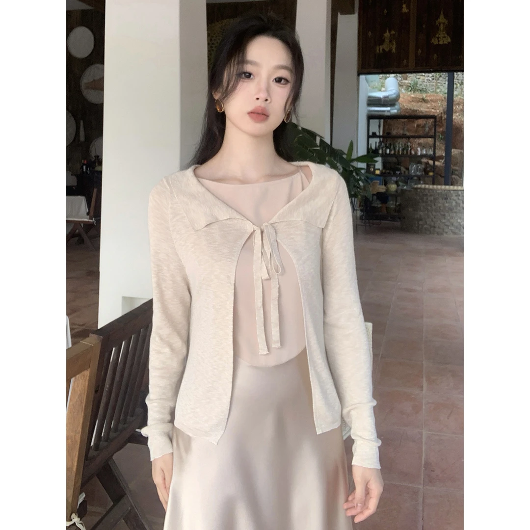 SYT自制 小翻领绑带开衫修身显瘦上衣