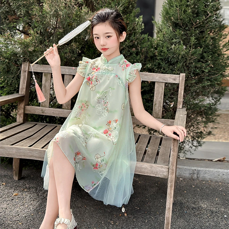 女童飞袖旗袍夏季2025新款儿童洋气中大童国风裙女孩新中式汉服裙
