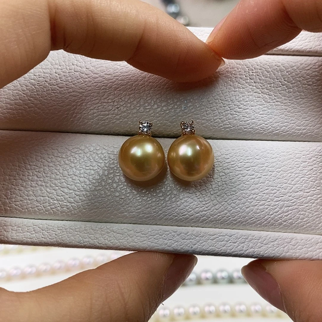 耳饰海水珍珠18K金镶嵌10-11m南洋金珠耳钉（浓茶金品质）