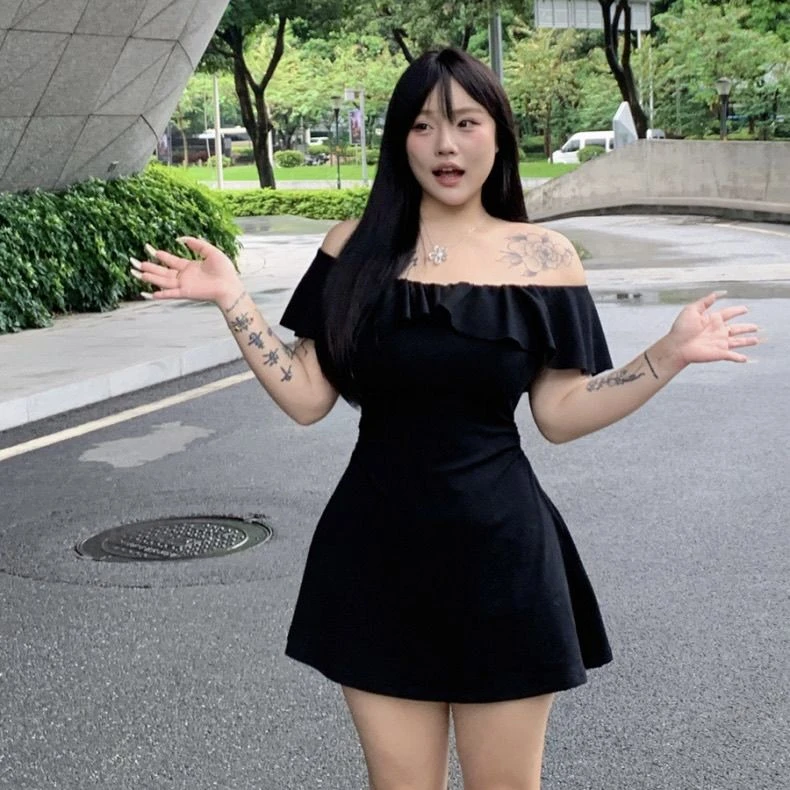 斤大码微胖法式黑色性感一字肩收腰遮肚显瘦气质字连衣短裙