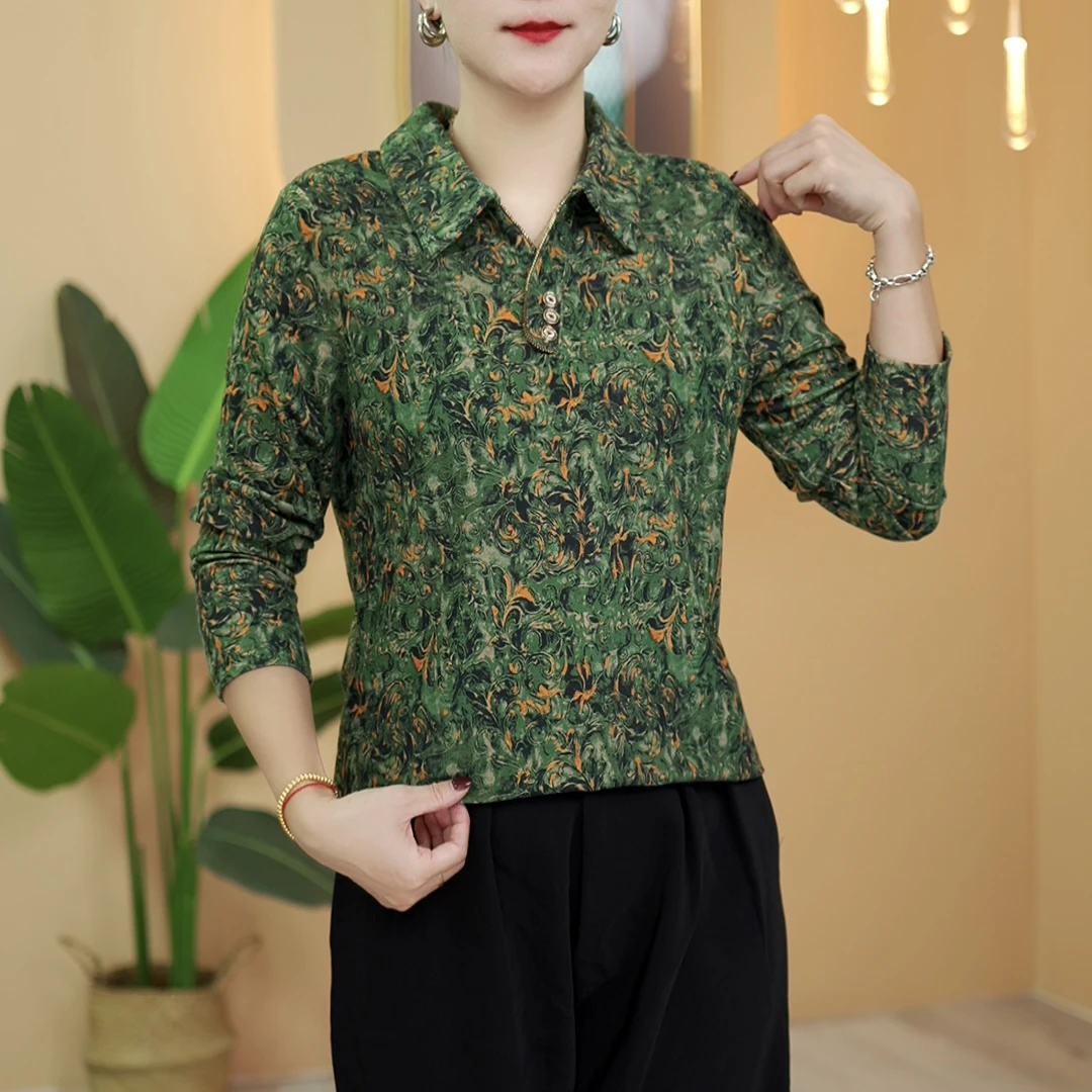 2025秋装新长袖打底衫妈妈装洋气上衣翻领显瘦百搭叶子花款