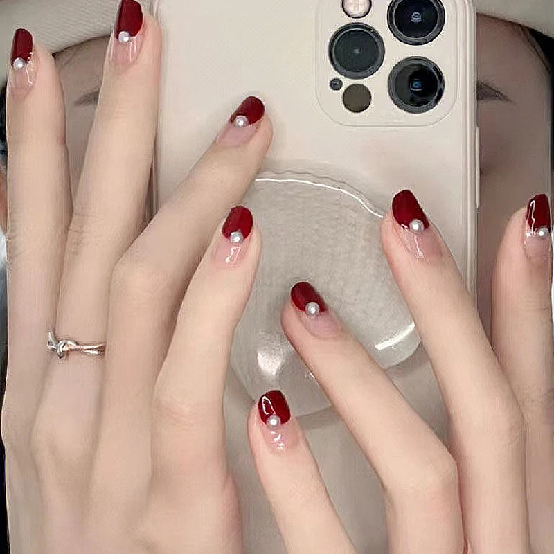 【红珍珠】纯手工穿戴甲可拆卸裸透酒红珍珠