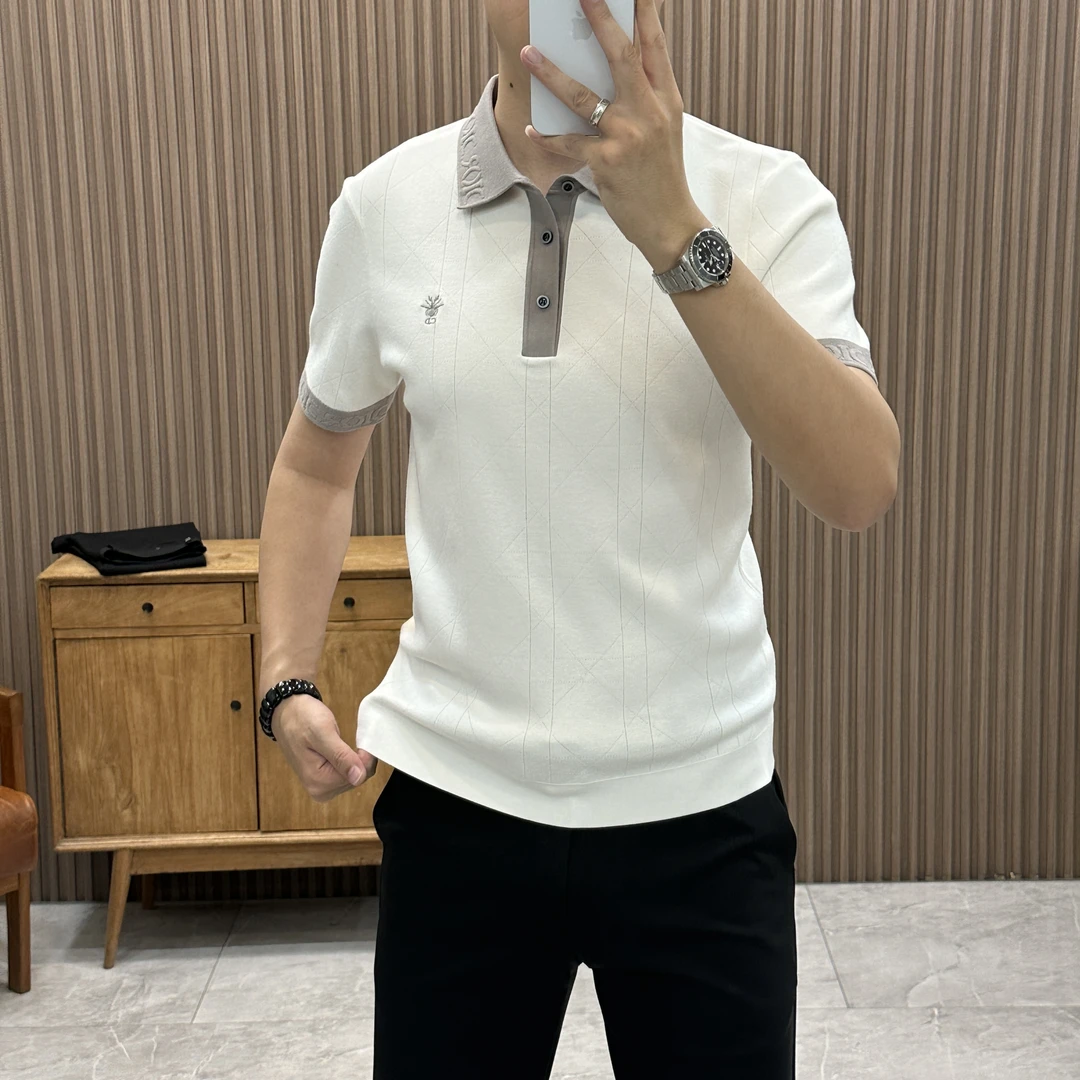 2025秋季新款男士时尚休闲针织撞色提花简约百搭翻领打底短袖7318