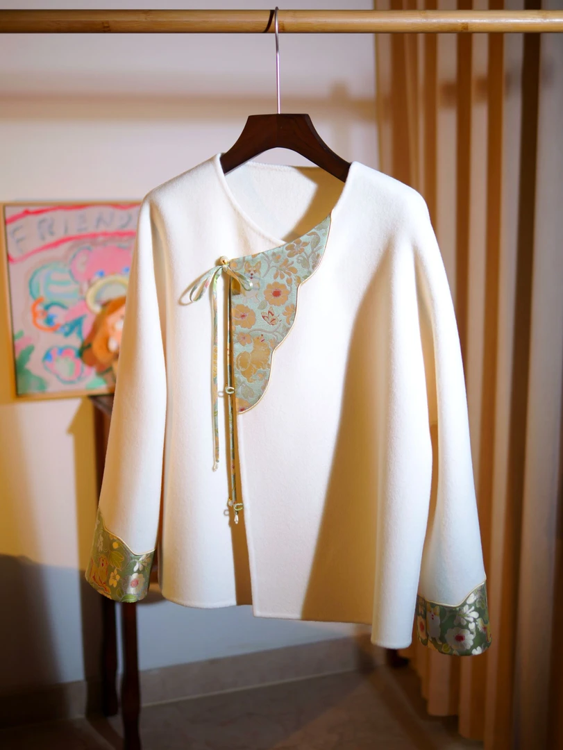 【锦说欢喜】'冬日暖阳'钱小萍正品宋锦羊绒双面呢拼接外套85115