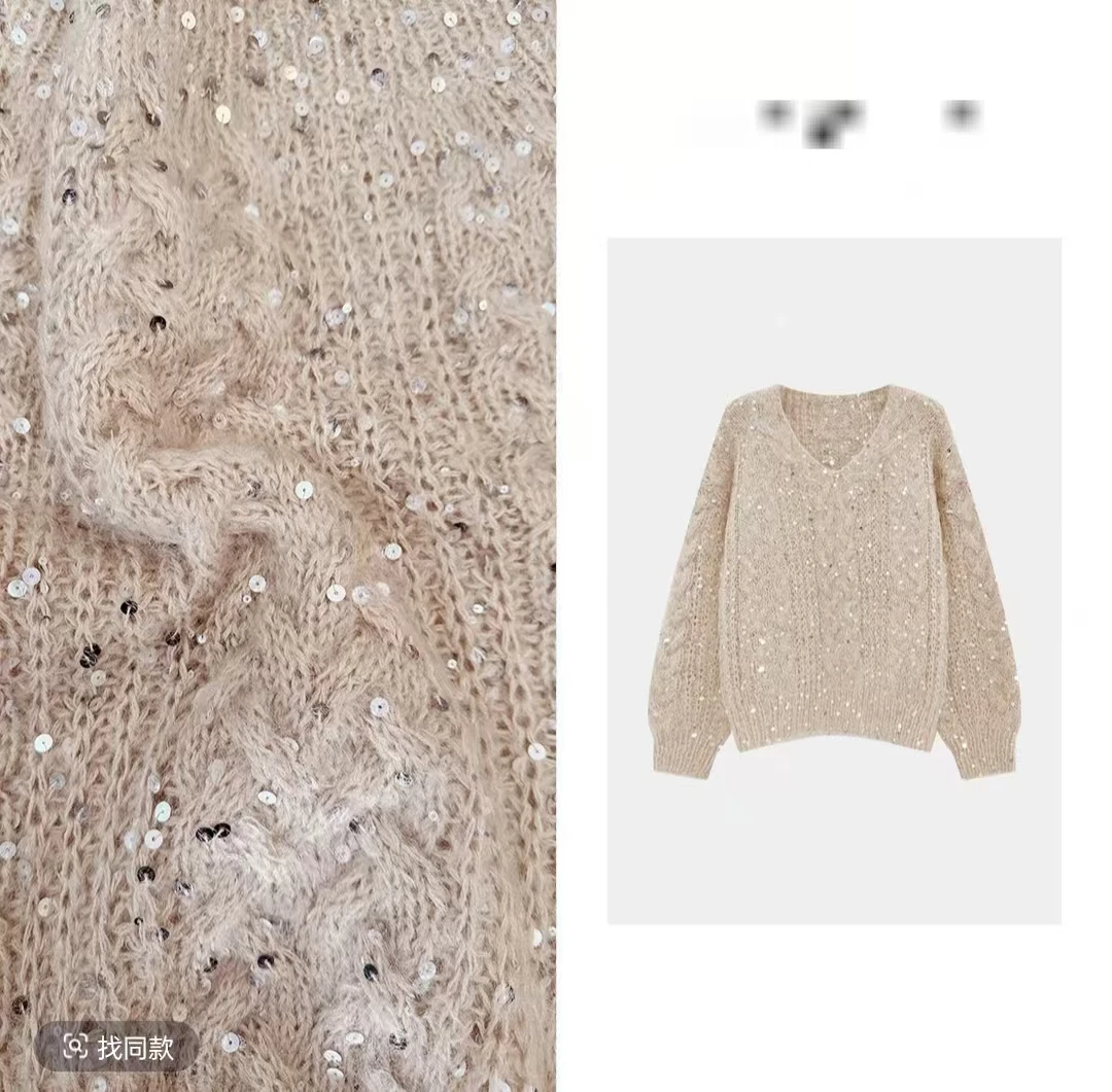 SeiafryU时尚长袖宽松冬季恋歌亮片简约百搭气质针织衫