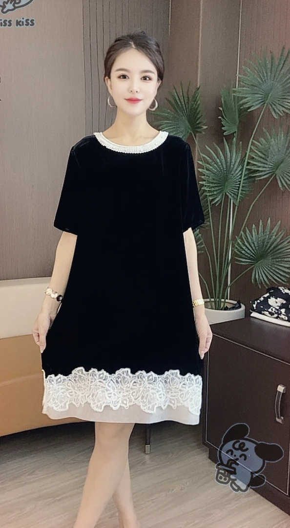 上新！新中式蕾丝圆领法式褶皱100%桑蚕丝绒➕真丝薄款简约风连衣裙
