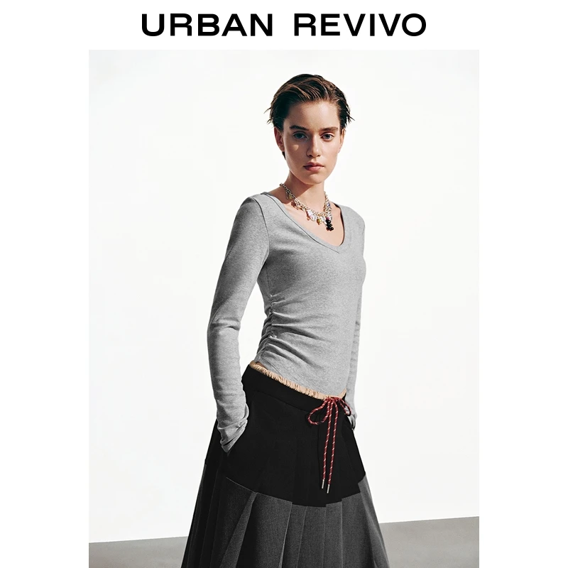 UR2025秋季新款女装简约休闲V领褶皱修身长袖T恤UWB450062