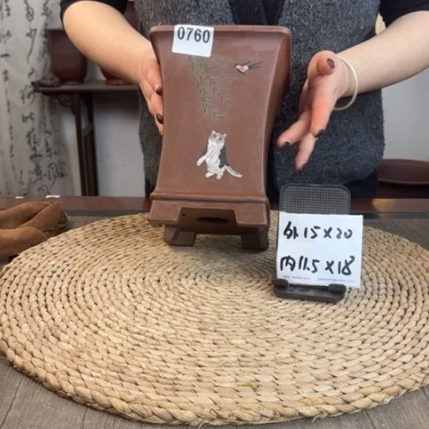 紫砂花盆紫泥猫咪手绘束腰四方0760