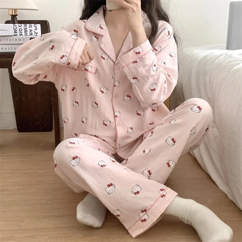 凯蒂猫长袖云朵棉开衫睡衣女春秋卡通甜美家居服宿舍可外穿