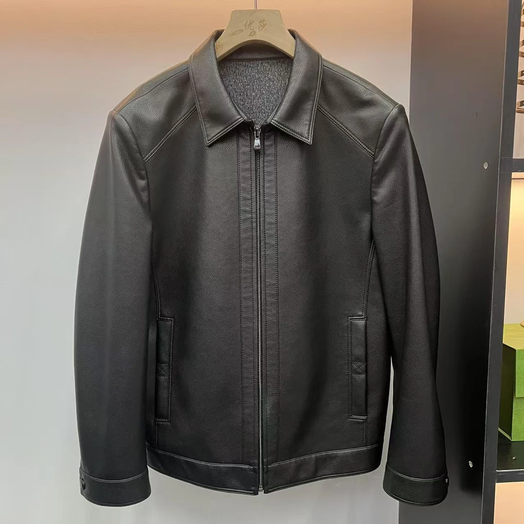 【优莎】23168男士真皮秋冬翻领中长款时尚休闲加绒皮外套