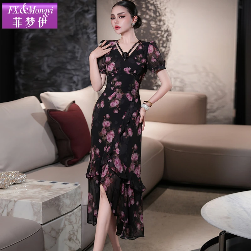 菲梦伊印花黑色连衣裙短袖夏装轻熟高端荷叶边收腰贵妇长裙64981