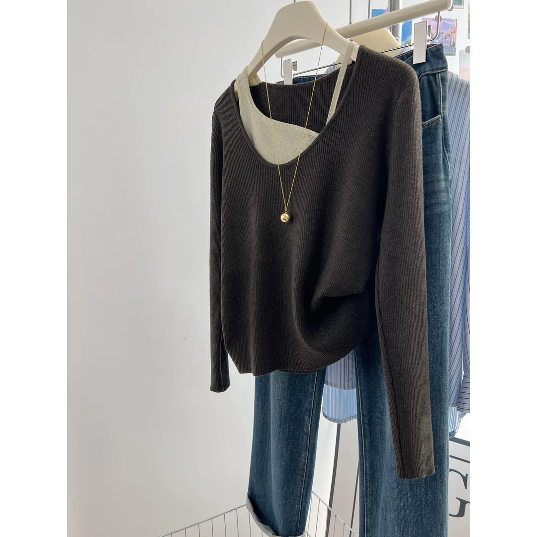 假两件吊带针织衫女2024秋冬新款设计感收腰显瘦打底小衫内搭上衣