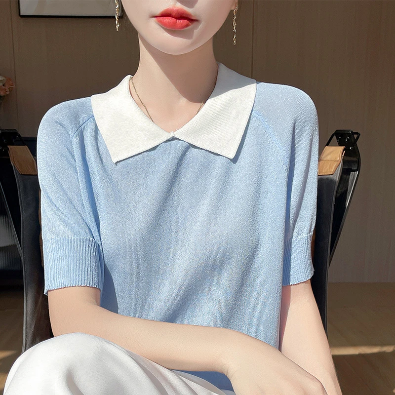 夏季闪烁亮丝设计翻领短袖针织衫女装新款宽松冰丝高级感正肩上衣