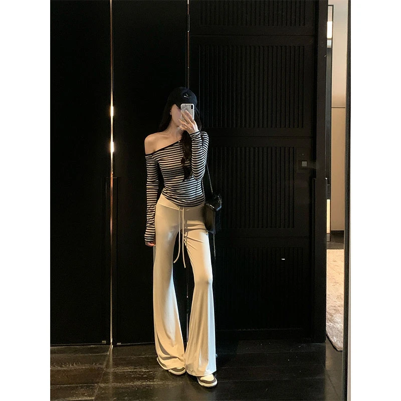 复古韩系撞色条纹百搭斜领长袖T恤女装夏季新款高腰气质微喇裤潮