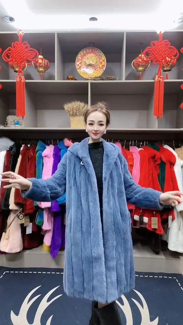 2024年新款进口水貂毛皮草修身显瘦整貂皮大衣女装中长款带帽外套