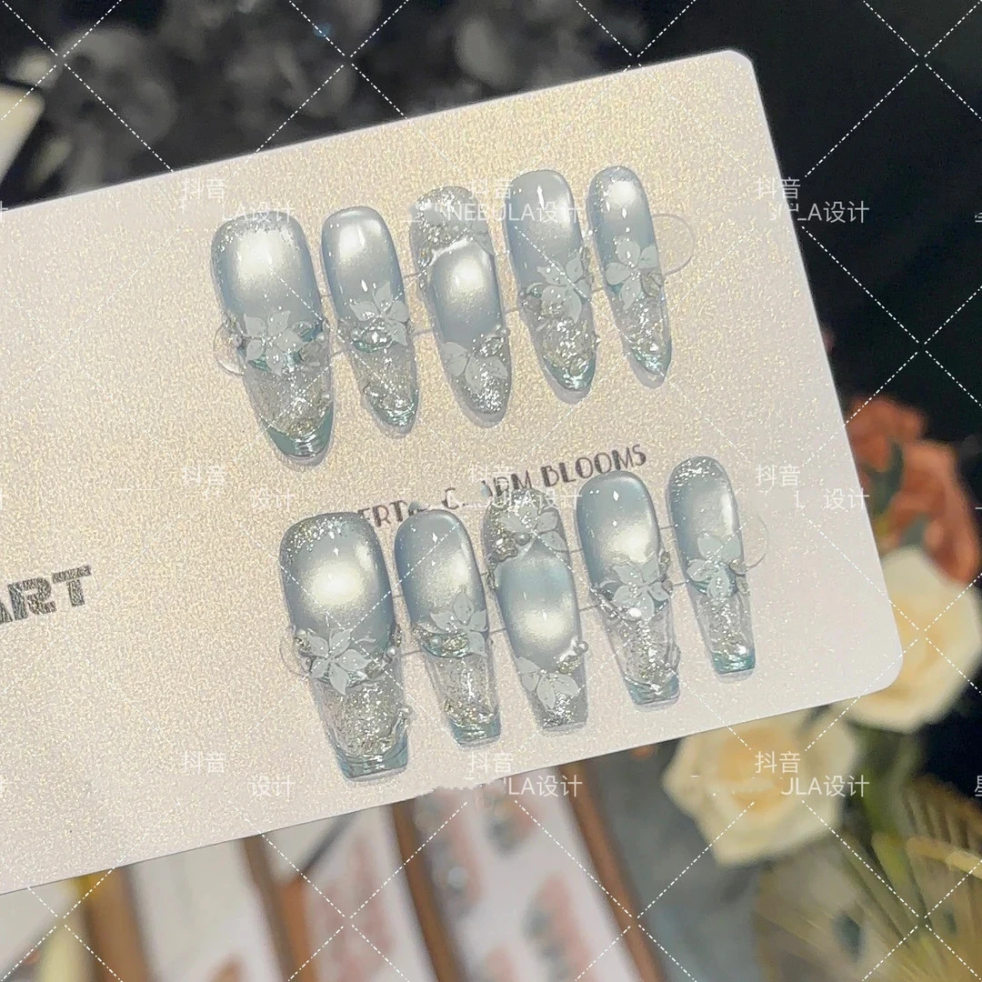 穿戴甲纯手工可拆卸夏季中长款裸色显白猫眼穿戴甲极光星河