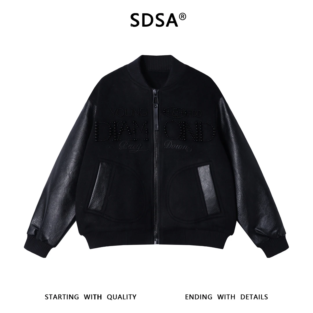 SDSA秋冬新款痞帅男装美式拼皮镶珠子字母设计棒球领羽绒服百搭