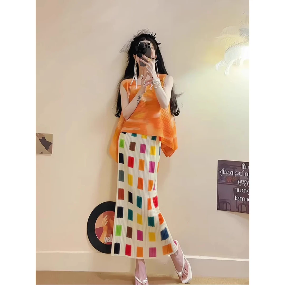 新品速递三宅风褶皱炸街减龄时尚套装高级感无袖上衣女半身裙夏天