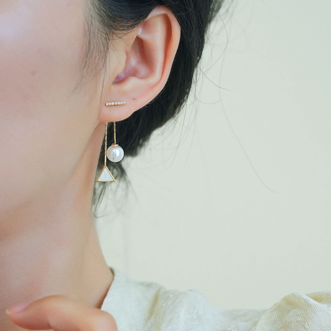 铜合金耳饰 银色三角珠珠流苏耳环女高级感简约温柔百搭个性耳坠