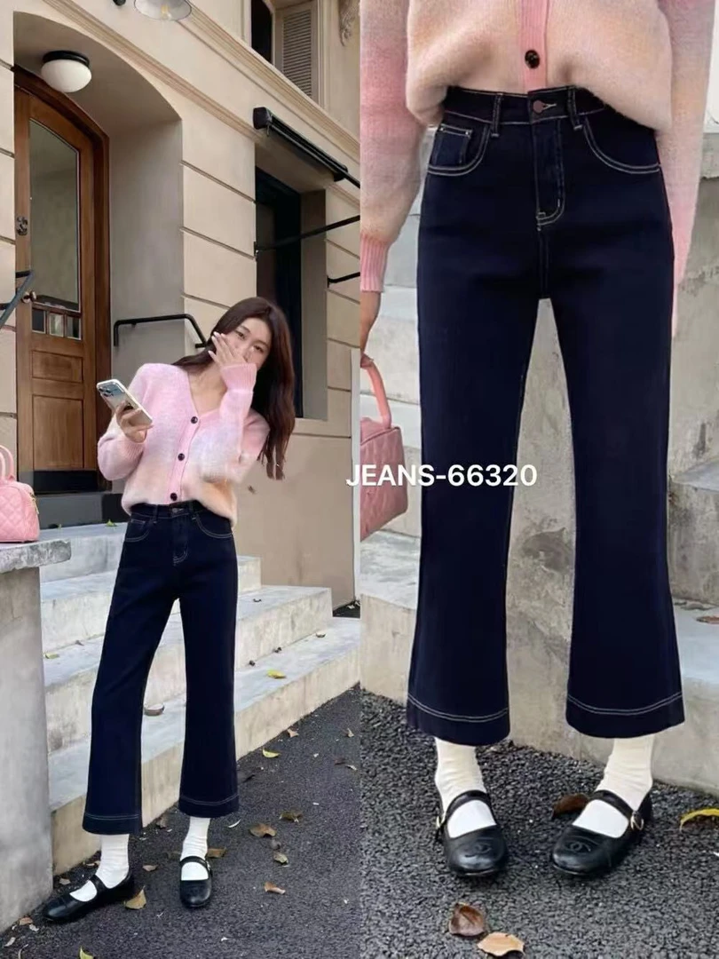 66320#四面弹 植绒款 韩版高腰九分微喇裤 显瘦牛仔裤女