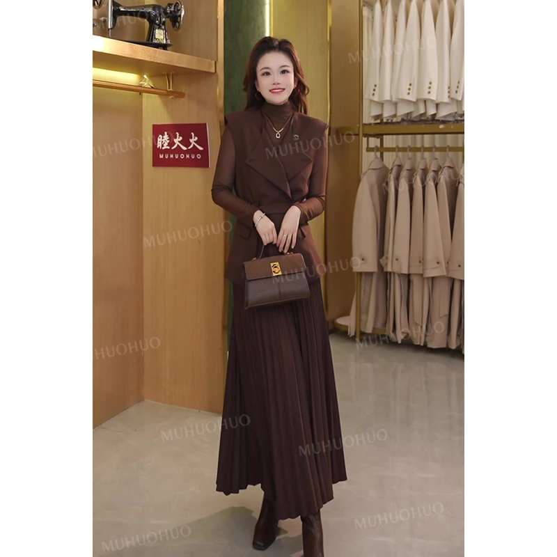 复古法式气质女生秋季新款无袖马夹收腰显瘦百褶裙时尚两件套套装