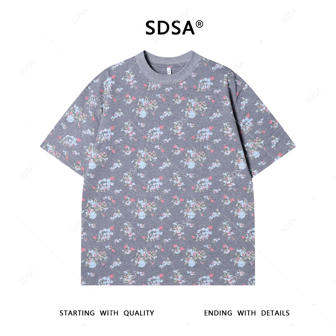 夏季高级感新款男士简约满印花卉印花短袖T恤休闲百搭圆领上衣潮