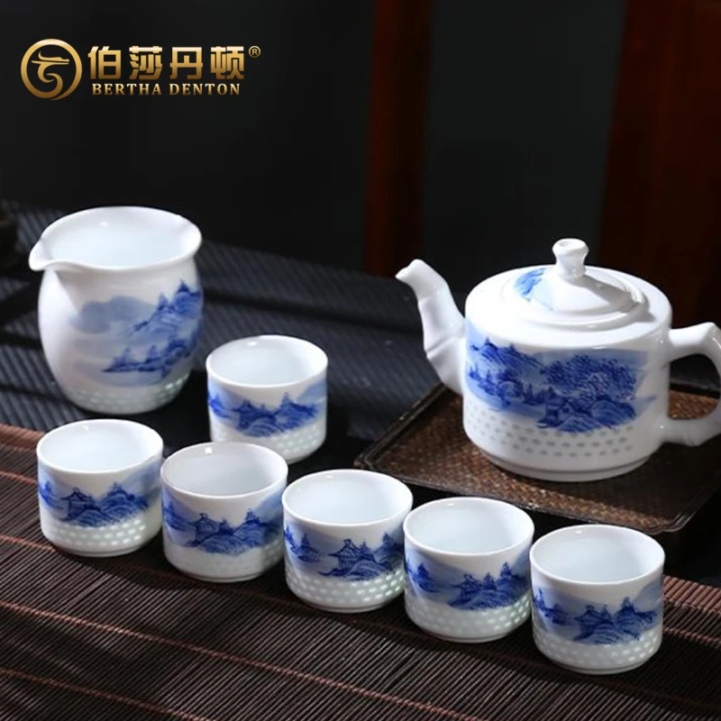 BERTHA DENTON手绘青花山水玲珑陶瓷茶具泡茶壶功夫茶杯整套礼盒