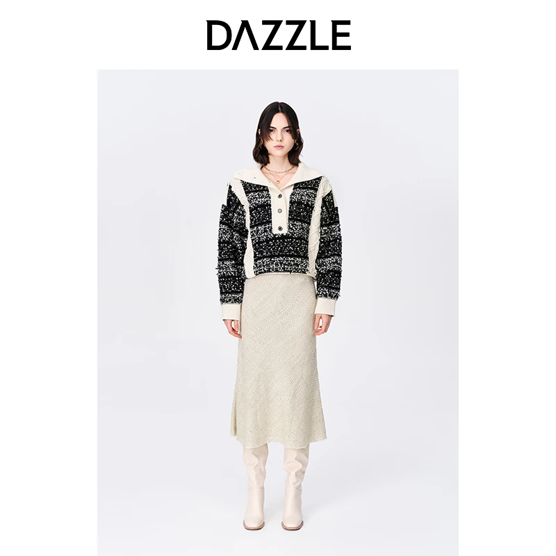 DAZZLE地素撞色拼接翻领针织绞花毛衣上衣女2E4E485