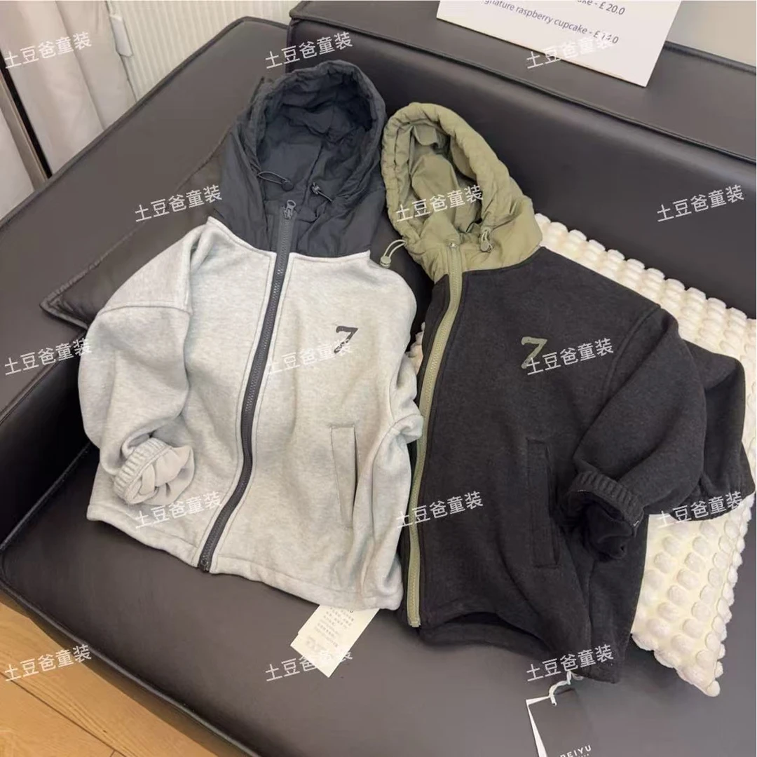 儿童拼接一体绒连帽外套2025秋冬款男女童休闲百搭日系拉链卫衣潮