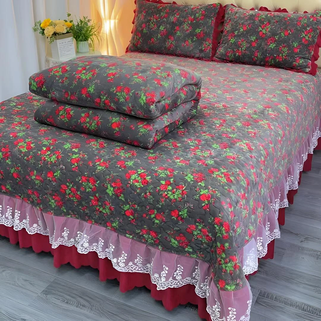 冬季牛奶绒加绒加厚床盖加绒被套防滑床裙床盖柔软防静电四件套