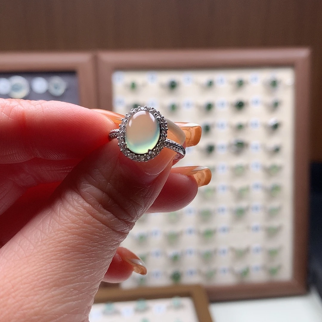 小***儿蛇纹石玉银S925镶嵌戒指