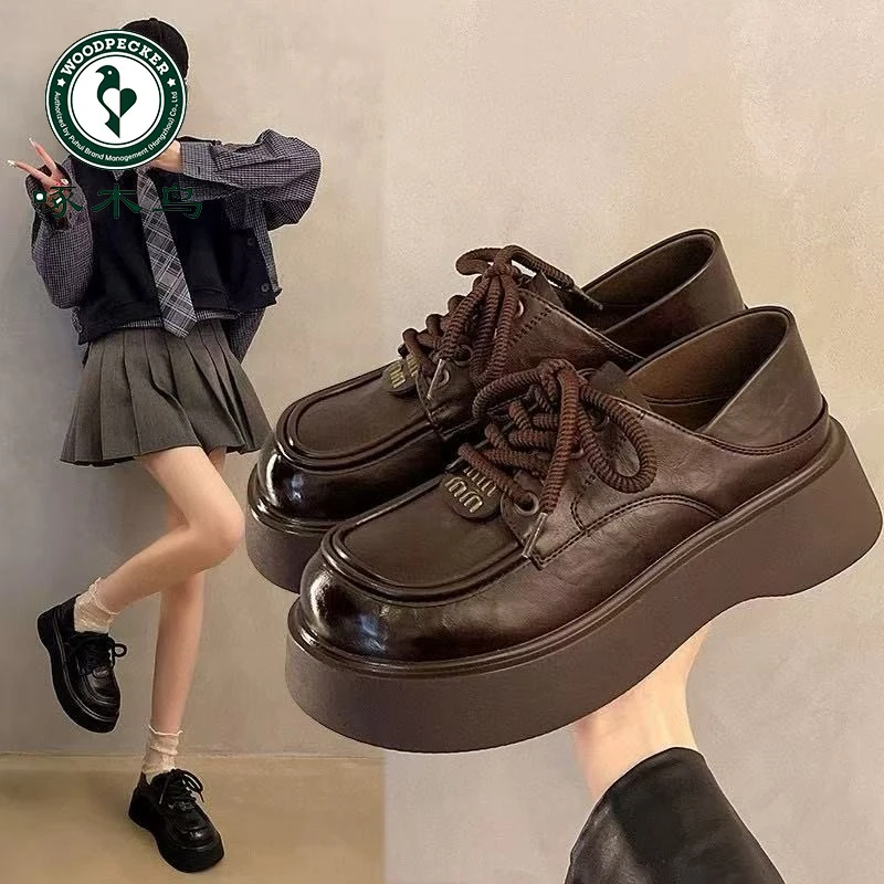 啄木鸟厚底乐福鞋女春秋季新款百搭学院单鞋圆头系带英伦风小皮鞋