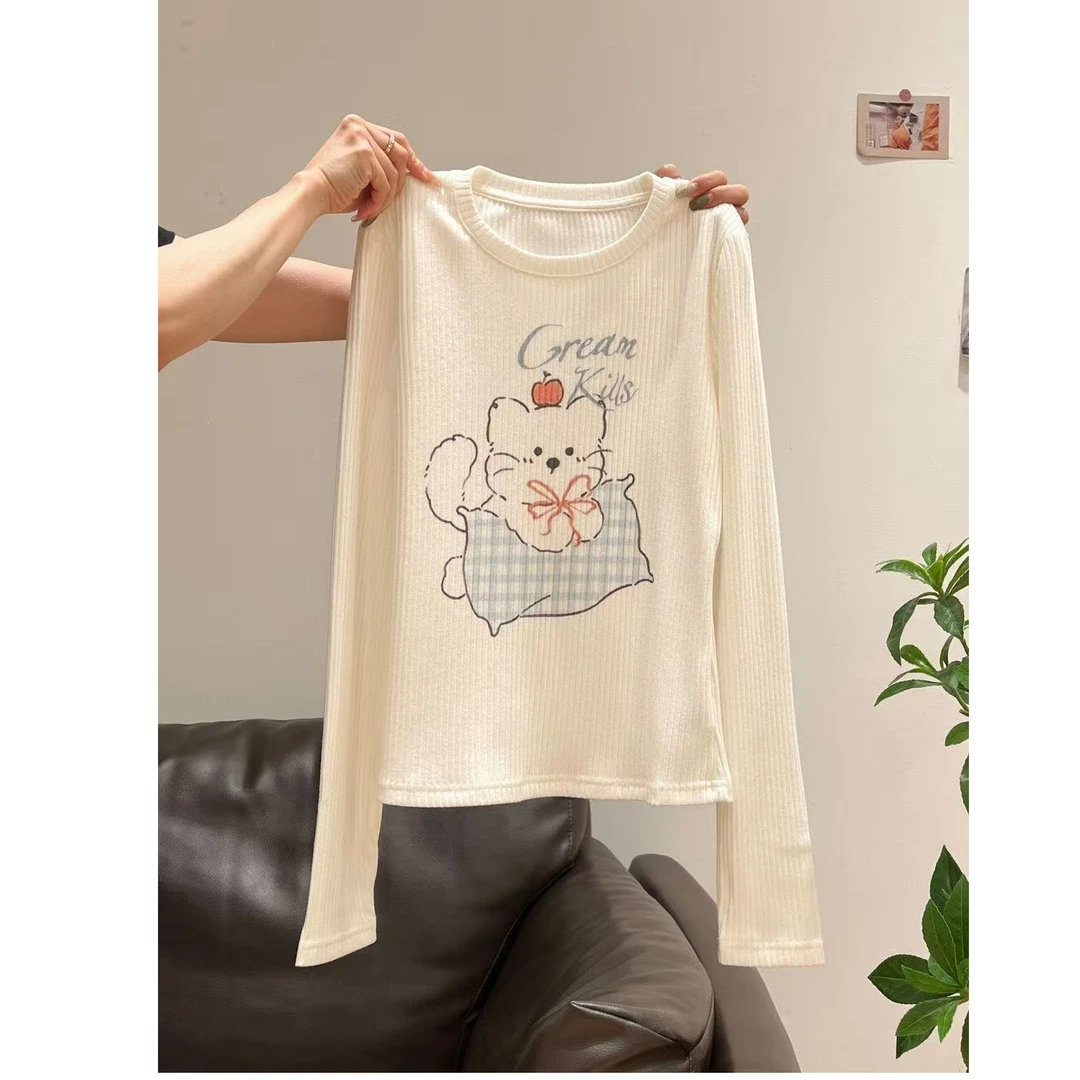 猫咪印花蝴蝶结圆领长袖T恤女秋冬季白色内搭打底衫显瘦上衣