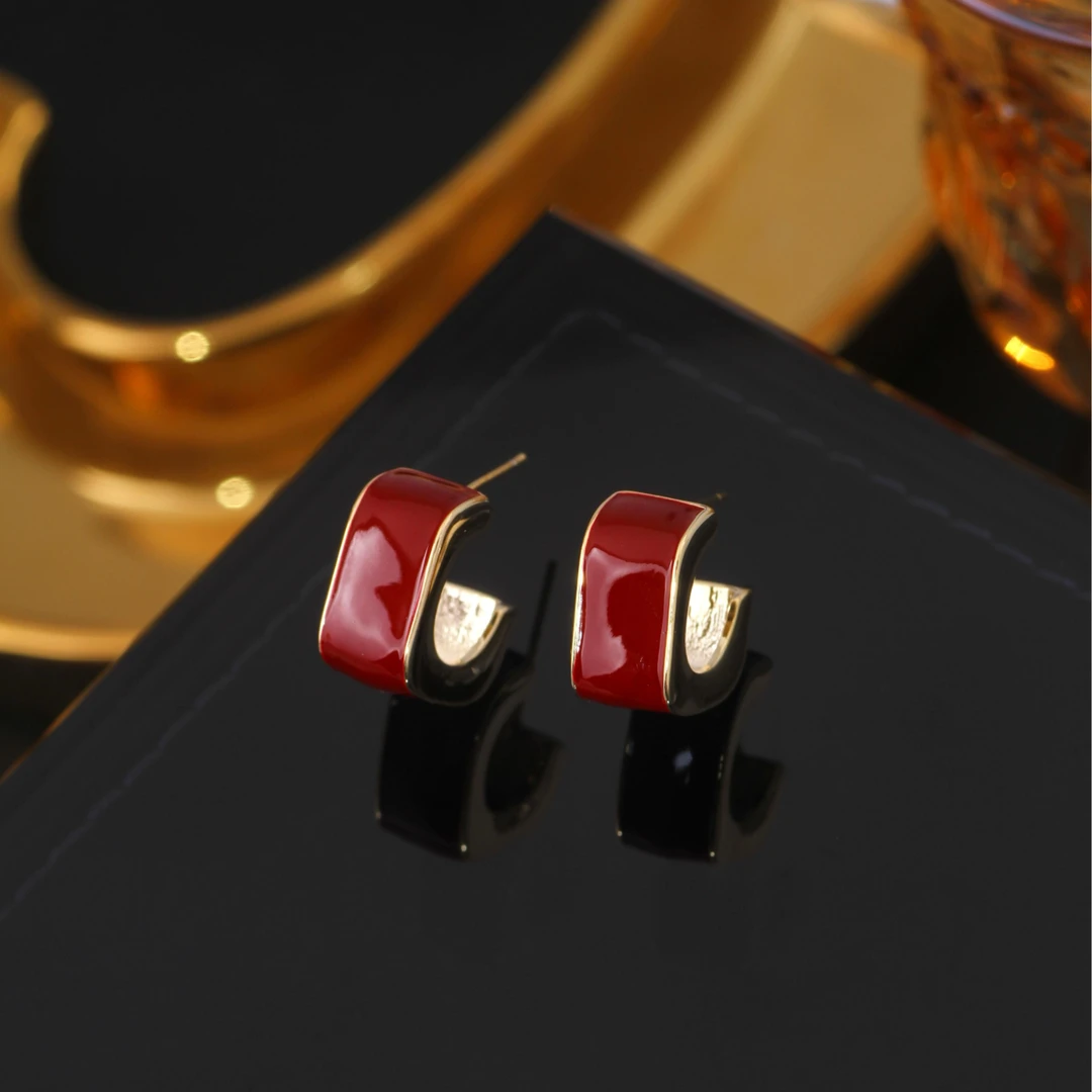 铜合金耳饰 《货号8958》红色方形滴油C圈耳环