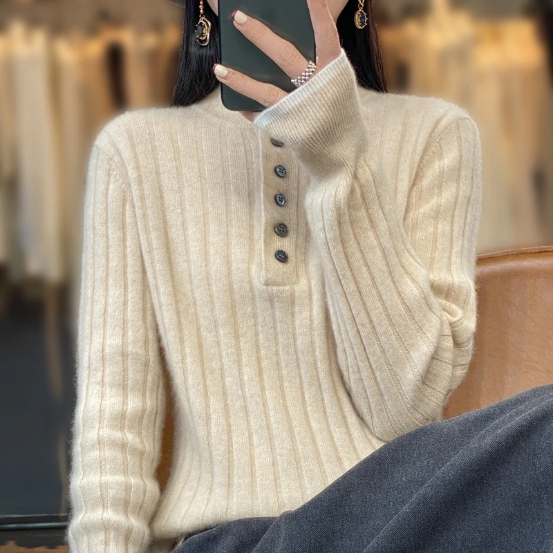 100%纯羊毛衫假两件立领双层女士针织毛衣打底宽松高级羊毛羊绒衫