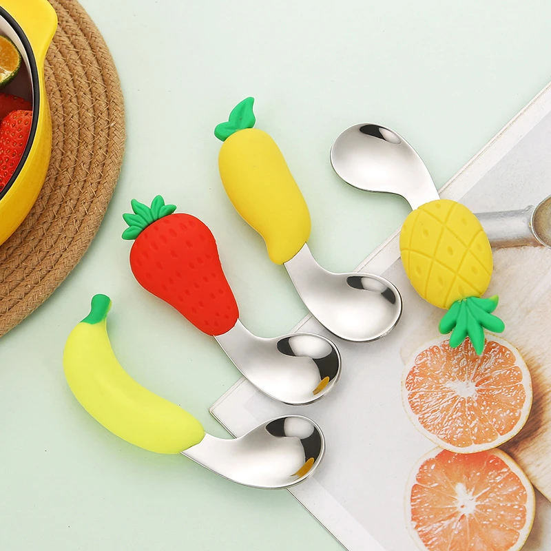 304不锈钢勺子硅胶儿童小弯勺创意卡通勺可爱水果宝宝喂养勺0404