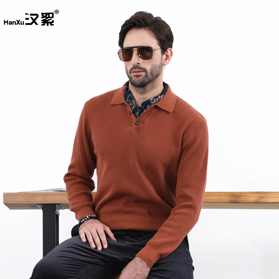 汉絮秋冬季纯棉Polo领毛衣男士翻领套头针织衫上衣男商务休闲长袖