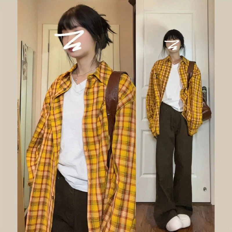 多巴胺穿搭格子衬衫女春秋冬宽松外穿衬衣设计感小众翻领上衣外套