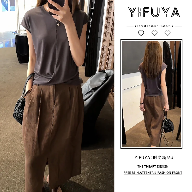 2025年夏季简约纯色打底衫常规款无袖T恤设计感咖色半身裙两件套